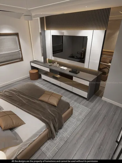 An overhead view of the master bedroom, highlighting the spacious layout and the combination of different textures and materials.