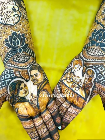 The vibrant colors of the background make the rich henna portrait pop, showing how the design will look during your festivities.