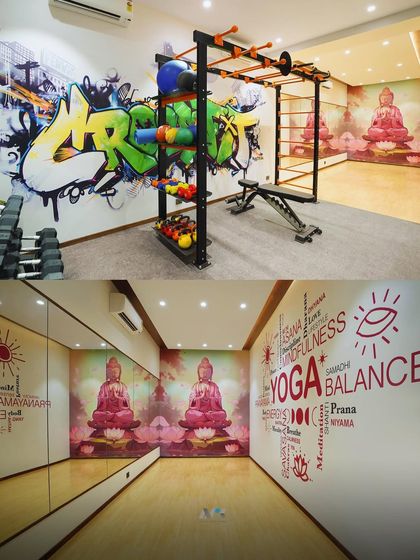 The wellness zone in our residential project in Lower Parel. We designed two distinct spaces: a high-energy gym with graffiti art and a tranquil yoga room with a calming mural, catering to different moods and fitness preferences.
