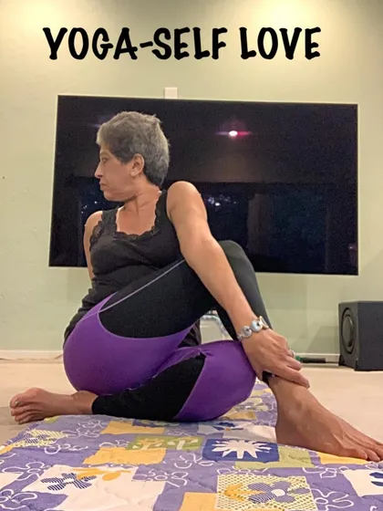 This seated twist shows deep rotation in the spine, a result of consistent practice.