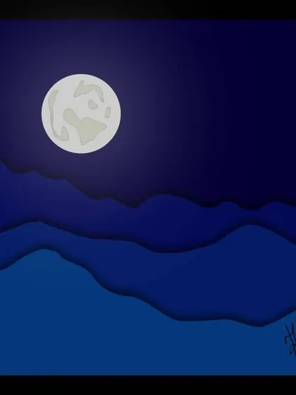 A layered, monochrome blue illustration of the moon resting above the mountains. This is a place I call home, a scene that brings me immense peace.