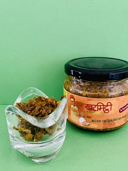 A jar of my Adrak, Lahsun, Mirch ka Achaar. This mixed pickle is a flavour powerhouse and one of my personal favourites.