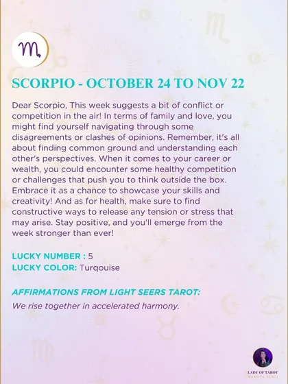 A weekly tarot reading for Scorpio. This week suggests a bit of conflict or competition in the air, but it's an opportunity to find common ground and emerge stronger.