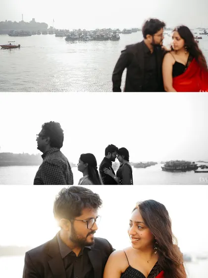 This collage captures the soulful and candid side of an urban pre-wedding shoot. It features a mix of color and black and white portraits, showing the couple's loving gazes and shared smiles against the backdrop of the Mumbai harbor.