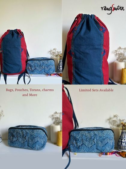 Our limited edition Rakhi gift sets feature a variety of handmade goods, including drawstring bags, embroidered pouches, and colorful charms, all made from upcycled fabrics.