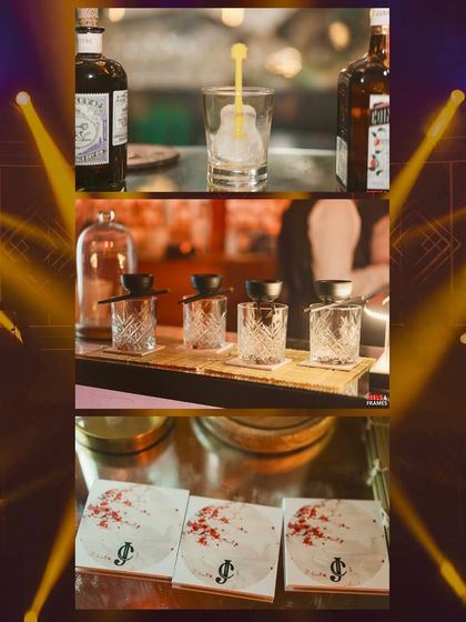 Details from the Japanese-inspired 60th birthday bar, including custom coasters and a curated selection of fine spirits.