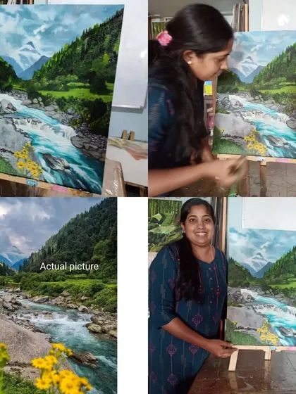 I am incredibly proud to see a student's work come to life with such realism. Here, Ashwini Anil stands with her completed oil painting, a stunningly accurate landscape of Manali, placed right next to the original photograph she worked from. This is a testament to the skills developed in my realistic oil painting course.