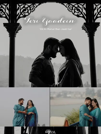 A black and white silhouette of a couple under an archway, combined with color shots of them by the river in matching blue outfits.