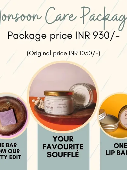 Our Monsoon Care Package, a special offer including a bar from our fruity edit, your favorite soufflé, and a lip balm to keep your skin happy during the rainy season.