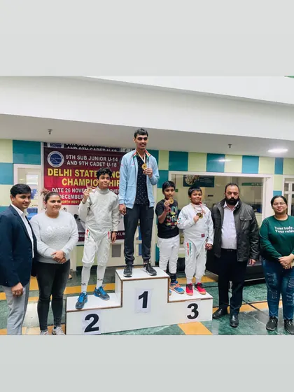The podium for the U-14 and U-18 boys' category at the Delhi State Championship, with our fencers taking the top spots.