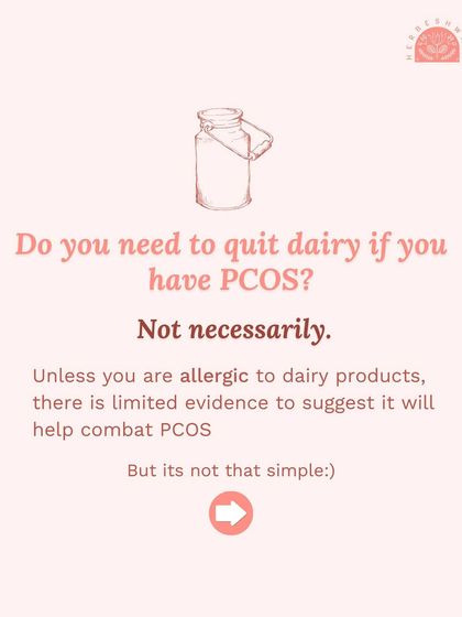 An infographic slide asking: "Do you need to quit dairy if you have PCOS?" The answer is not necessarily, as there is limited evidence to suggest it helps unless you have a specific allergy.