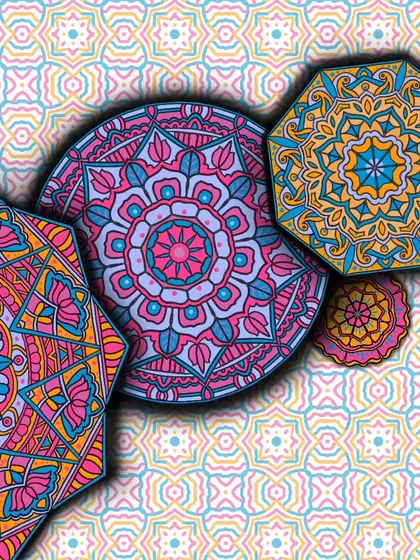 This cropped view highlights the intricate line work and geometric background of my contemporary mandala art. Each element is carefully placed to contribute to the overall feeling of vibrant, organized chaos.
