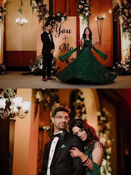A dynamic shot of the bride twirling in her beautiful green gown, with her groom looking on. This photo captures the joy and movement of the reception party.
