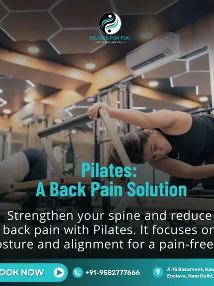My back pain solution program focuses on strengthening the spine through targeted exercises. Here, a client works on the reformer to improve posture and build a foundation for a pain-free life.