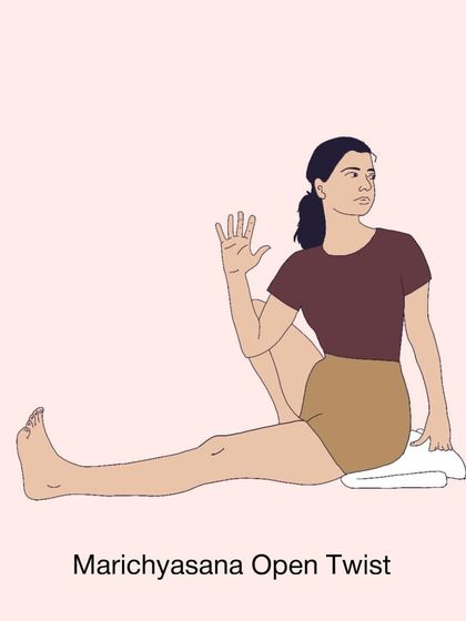 An illustration of Marichyasana Open Twist. This is a key part of my home practice sequence for menstrual cycle support and general back release.