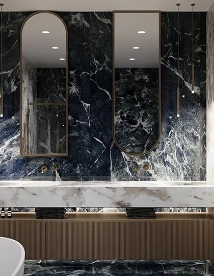 A preview of a bold, luxurious bathroom concept. This 3D visualization highlights the dramatic effect of book-matched blue marble, complemented by modern fixtures and ambient lighting to create a spa-like retreat.