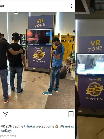 This is our branded VR Zone, set up at the Flipkart office for their Big Billion Days campaign. We can transform any space into a dedicated gaming area, complete with your branding on the hardware and within the game itself for seamless corporate integration.