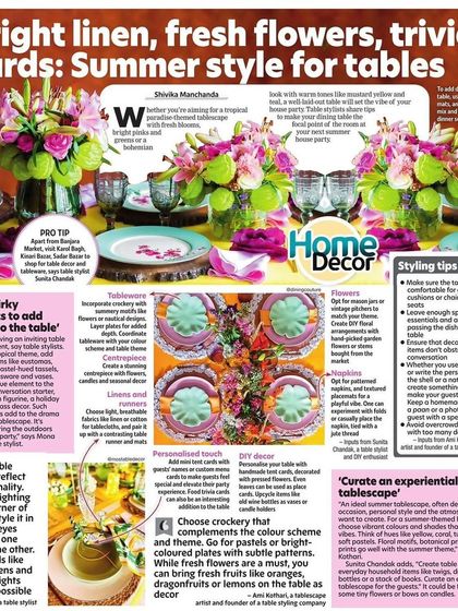 A full-page view of my summer table styling article in the Times of India. It was a pleasure to share my pro-tips on everything from choosing crockery to creating DIY floral arrangements.