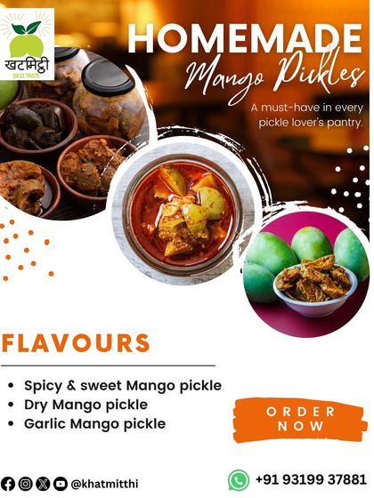 I offer several types of homemade mango pickles, from spicy and sweet to dry and garlic-infused. There is a mango pickle for every taste.