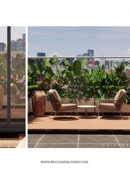 This design for a high-rise terrace focuses on creating a lush green buffer. The wooden deck and comfortable chairs are surrounded by planters, offering a garden-like feel with a stunning city backdrop.