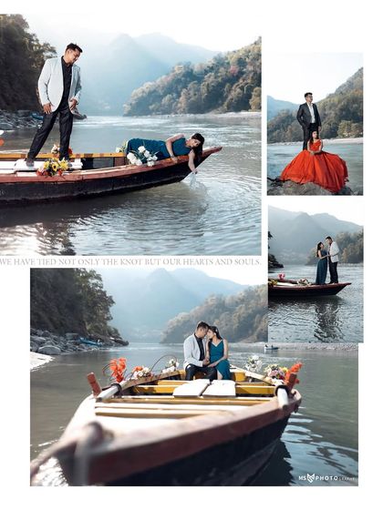 A collage showcasing different moments from a traditional boat shoot in Rishikesh, capturing both posed and candid shots.