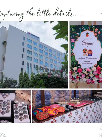 A collage showcasing the details of a "Bhaat" or Mayra ceremony, from the welcome sign to the traditional gifts and the hotel venue.