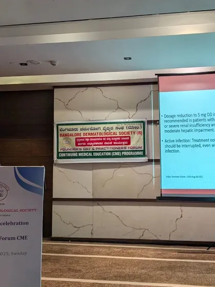 Sharing my knowledge with fellow professionals is a passion of mine. Here I am presenting a talk at a Bangalore Dermatological Society event, discussing the versatile applications of Tofacitinib in treating various skin conditions.