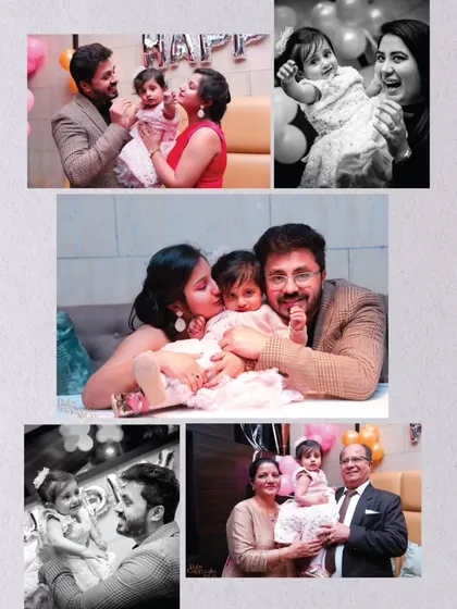 A collage of beautiful family moments from a first birthday party, showing the love from parents and grandparents.