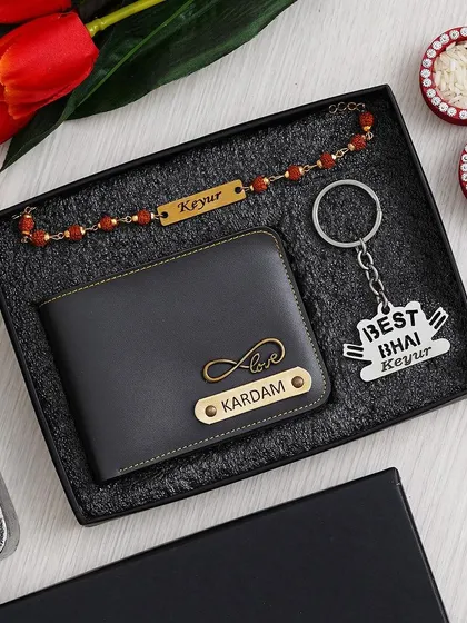 The "Must Gift Rakhi Combo" shown with a sleek grey wallet featuring an infinity charm.