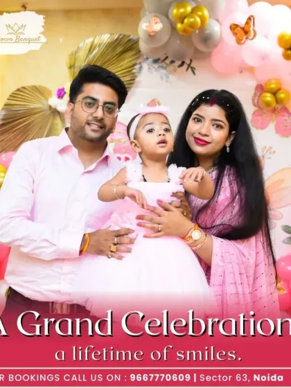 A grand celebration for a lifetime of smiles. This beautiful family portrait from a first birthday party captures the joy and love that fills our hall. We create a warm, celebratory atmosphere for you and your loved ones.