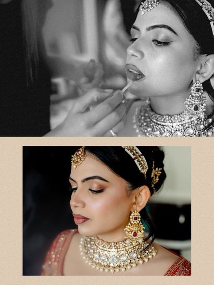 A collage of the bride getting her makeup done, captured in both artistic black and white and beautiful colour, highlighting the final touches.