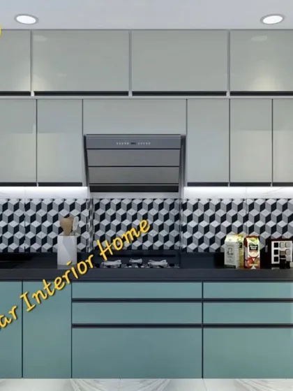 A bold and modern kitchen design featuring geometric 3D tiles for the backsplash. The dual-tone cabinets in teal and light grey acrylic finish create a striking contrast.