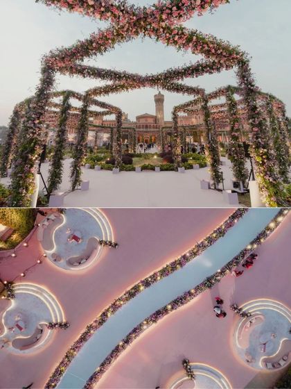 Another collage from the castle reception, showing the floral archway and the beautiful sunken seating areas we designed.