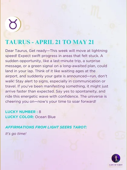 An energetic weekly tarot prediction for Taurus. This week will move at lightning speed, so say yes to spontaneity and ride the wave with confidence.