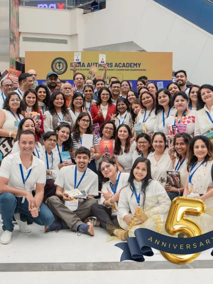 A group photo from our 5th-anniversary celebration at the Navi Mumbai Literature Festival. This is a testament to the power of our community.