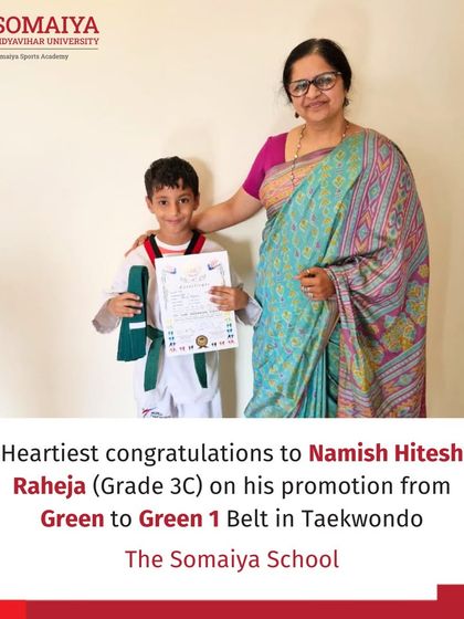 Namish Hitesh Raheja is awarded his Green 1 Belt in Taekwondo, marking his progress in the sport.