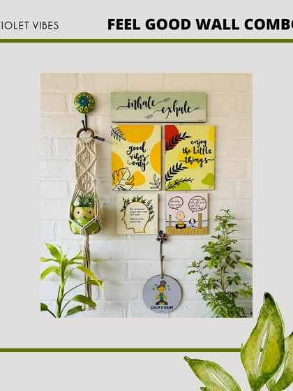 Our 'Feel Good Wall Combo' is designed to bring positive vibes to your space. This set includes hand-doodled wooden planks, colorful glass frames with quotes, and a macrame plant hanger with a ceramic owl planter.