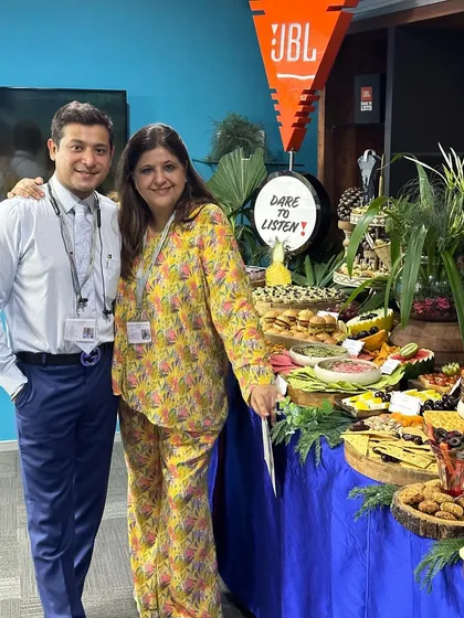 We, Ritu and Sidhant, are the founders behind EatbySpicyGrains. Here we are, proudly standing by our creation for a JBL corporate event, ensuring every detail is perfect for our clients.