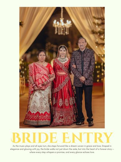 The bride, Parul, makes her grand entry with her parents, a touching and emotional moment beautifully captured.
