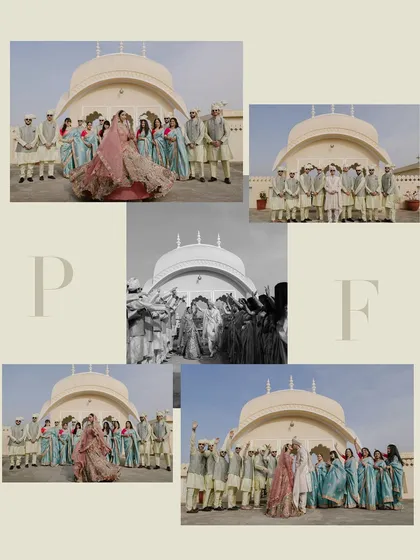 A creative collage capturing various moments of the couple and their wedding party on the palace rooftop, blending color and black-and-white shots.