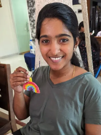 This student made a beautiful rainbow keychain, a perfect small project to learn the basics of punch needle.