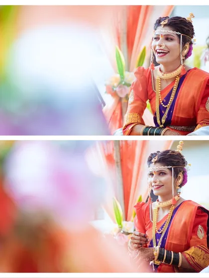 The genuine, unposed laughter of a bride during her wedding ceremony. I use creative framing to capture these fleeting, happy moments that are full of personality.