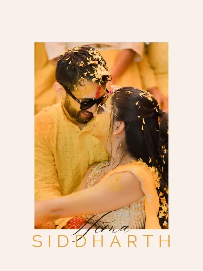 A close-up portrait of the couple during their Haldi, their faces close together, capturing the intimacy of the moment.