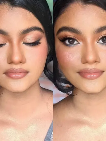 A before-and-after style image showing the power of a soft glam look. The eyes are defined with a winged liner, and the skin is glowing.