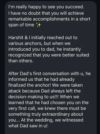 Nothing means more to me than hearing from a happy client. This feedback highlights my commitment and the connection I build not just with the organizers, but with their families and guests, which is the foundation of my work.