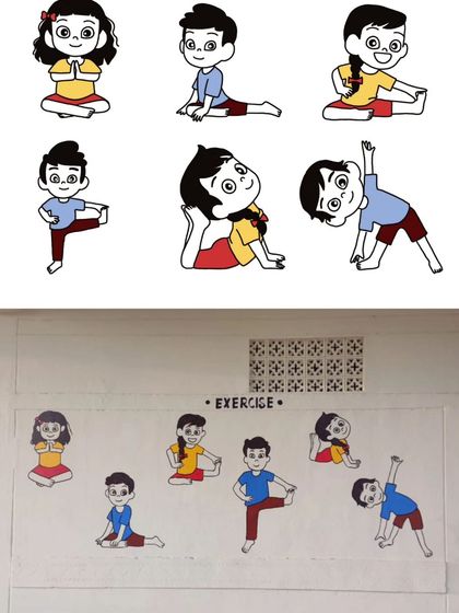 An "Exercise" mural showing children in various simple yoga and stretching poses.