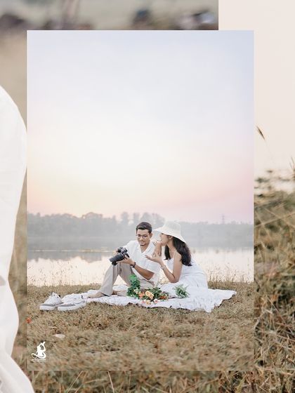A collage showing the full setup of a romantic picnic by the water, complete with a blanket, fruits, and flowers.
