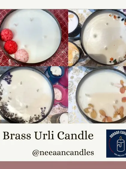 A collection of our Brass Urli Candles, showing the different styles with floral, crystal, and botanical decorations.