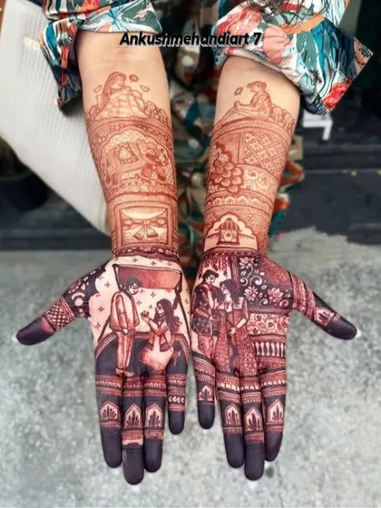 A beautiful depiction of a wedding ceremony after the stain has matured. This shows the rich, dark color my natural henna achieves, with clear portraits and intricate details.
