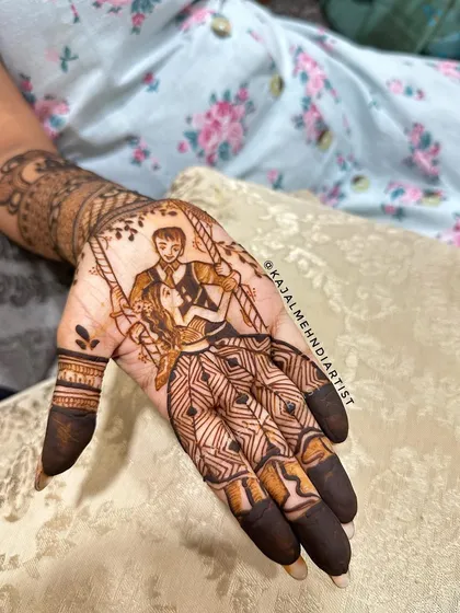 A sweet and playful design for a Teej celebration, showing a couple on a swing. It’s all about capturing moments of joy.